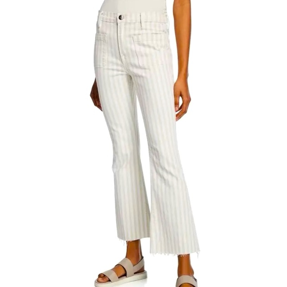 FRAME Le Bardot Striped Kick Flare Raw-Edge Jeans in Courtyard Sz 24